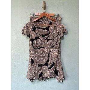 Vintage Soft Touch Y2K 2000s Cream and Black Women's Top and Skirt‎ Set